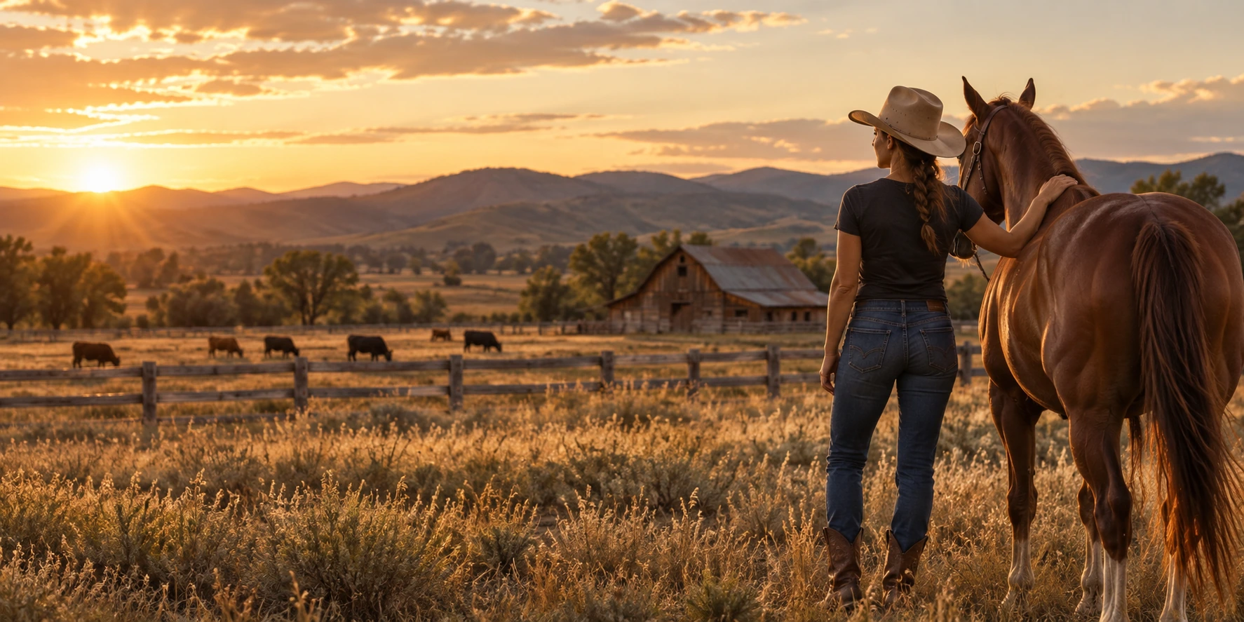 Cowgirl standing beside a horse on a ranch at sunset