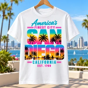 White Big San Diego graphic T-shirt displayed in a sunny Southern California setting