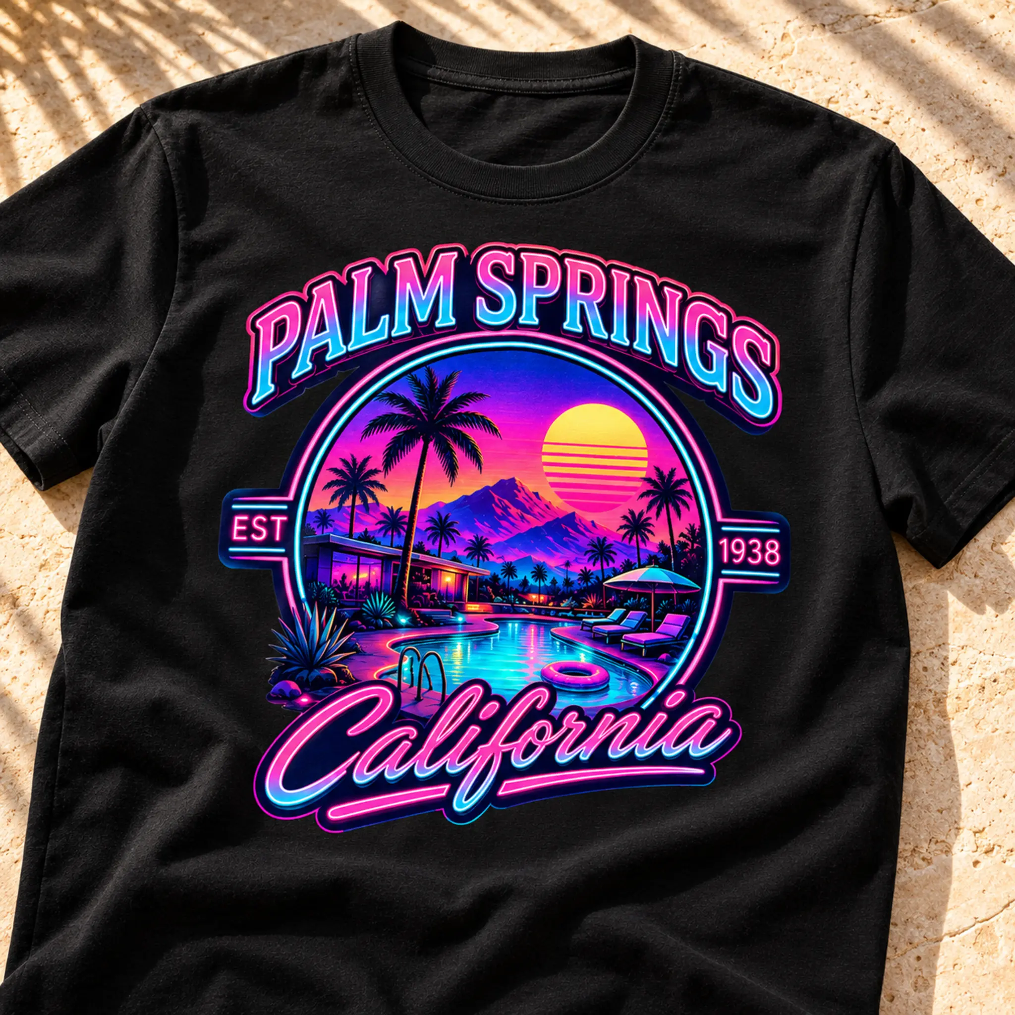 Close-up of the Palm Springs Modern graphic printed on a black T-shirt