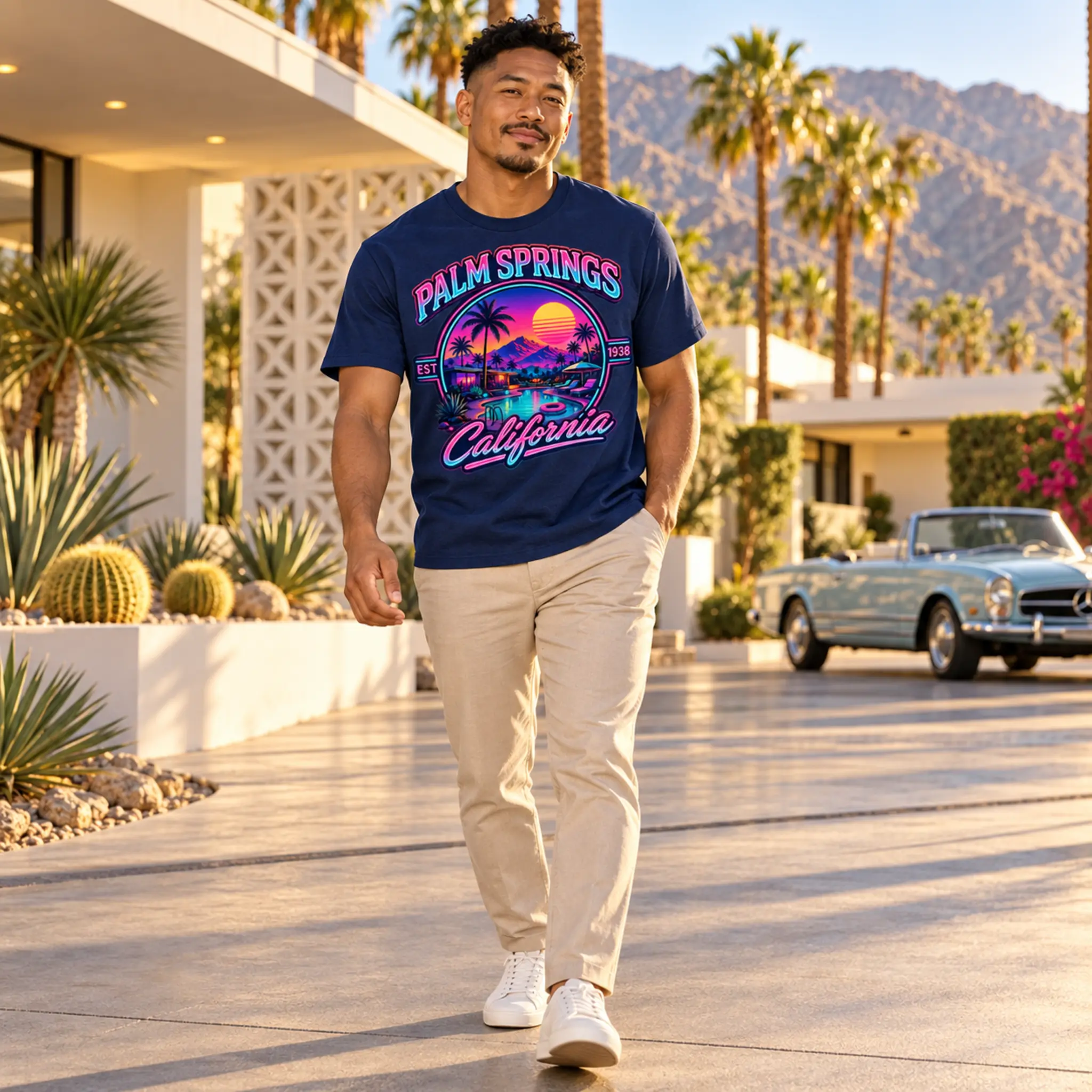 Man wearing the navy Palm Springs Modern Graphic Tee at a Palm Springs resort