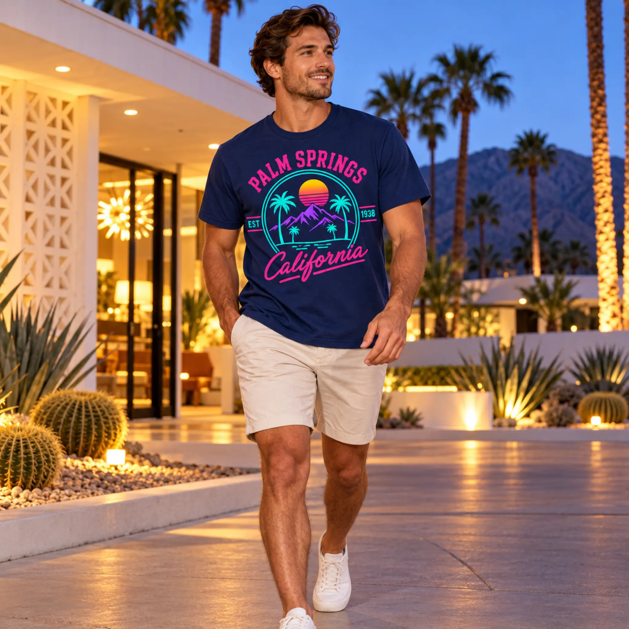 Man wearing the navy Palm Springs Traditional Graphic Tee at a Palm Springs resort