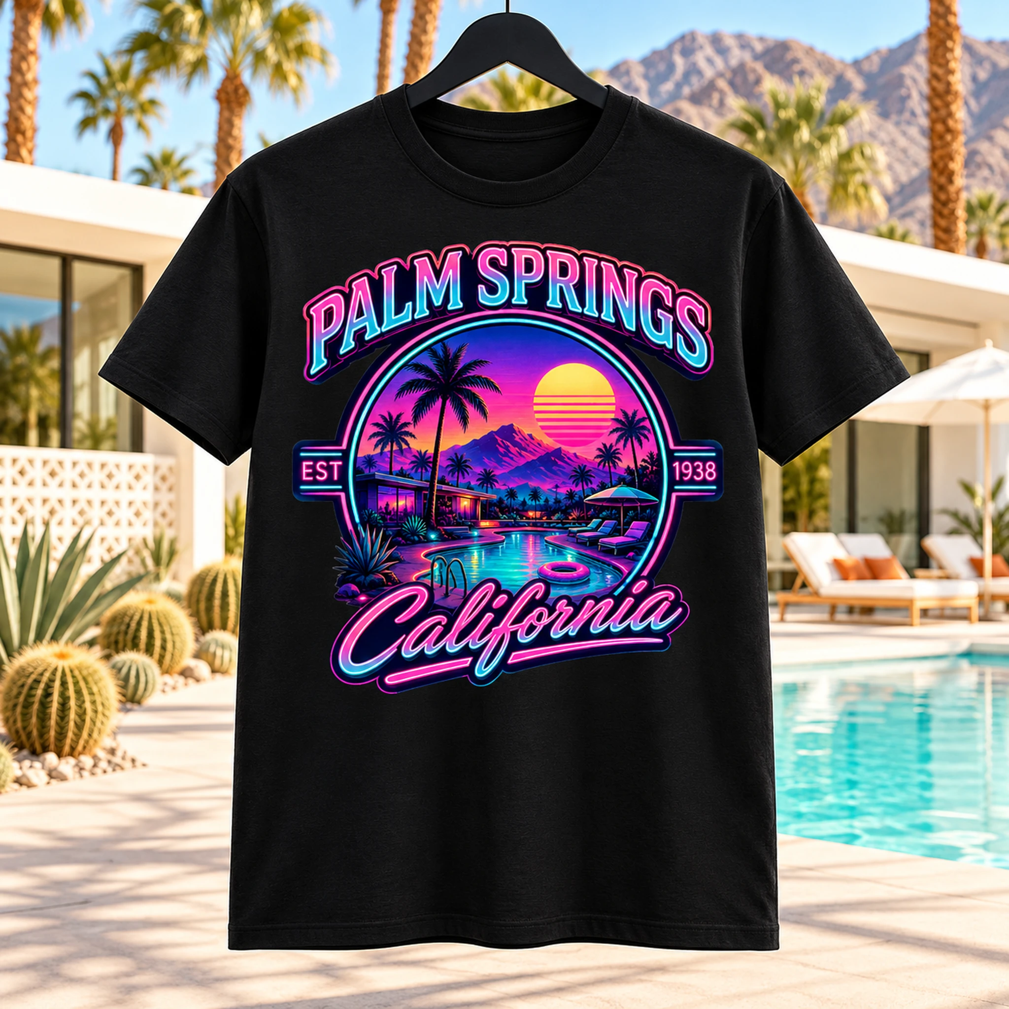 Black Palm Springs Modern graphic T-shirt displayed in a sunny Palm Springs poolside setting