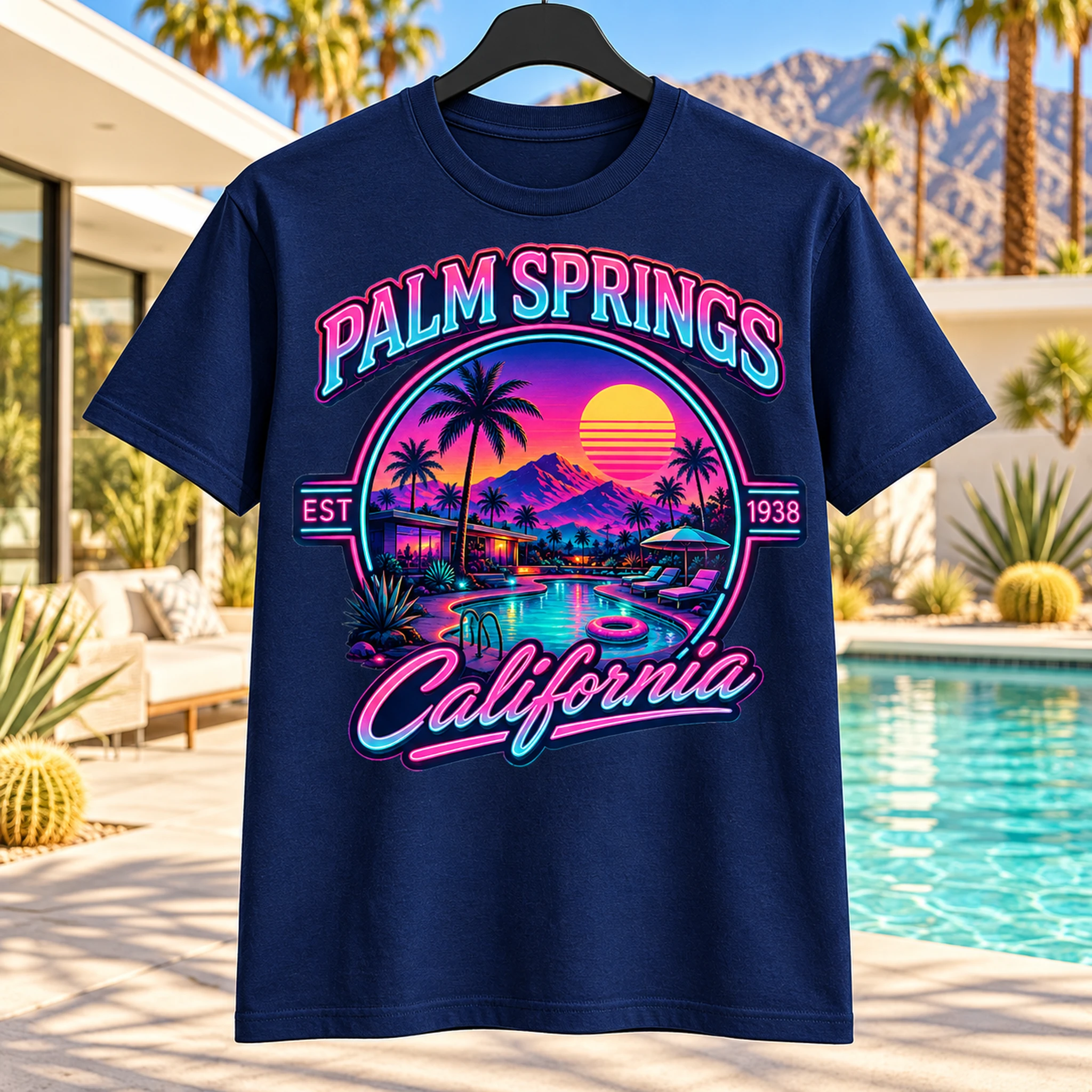 Navy Hometowns I Love Palm Springs Modern front graphic T-shirt