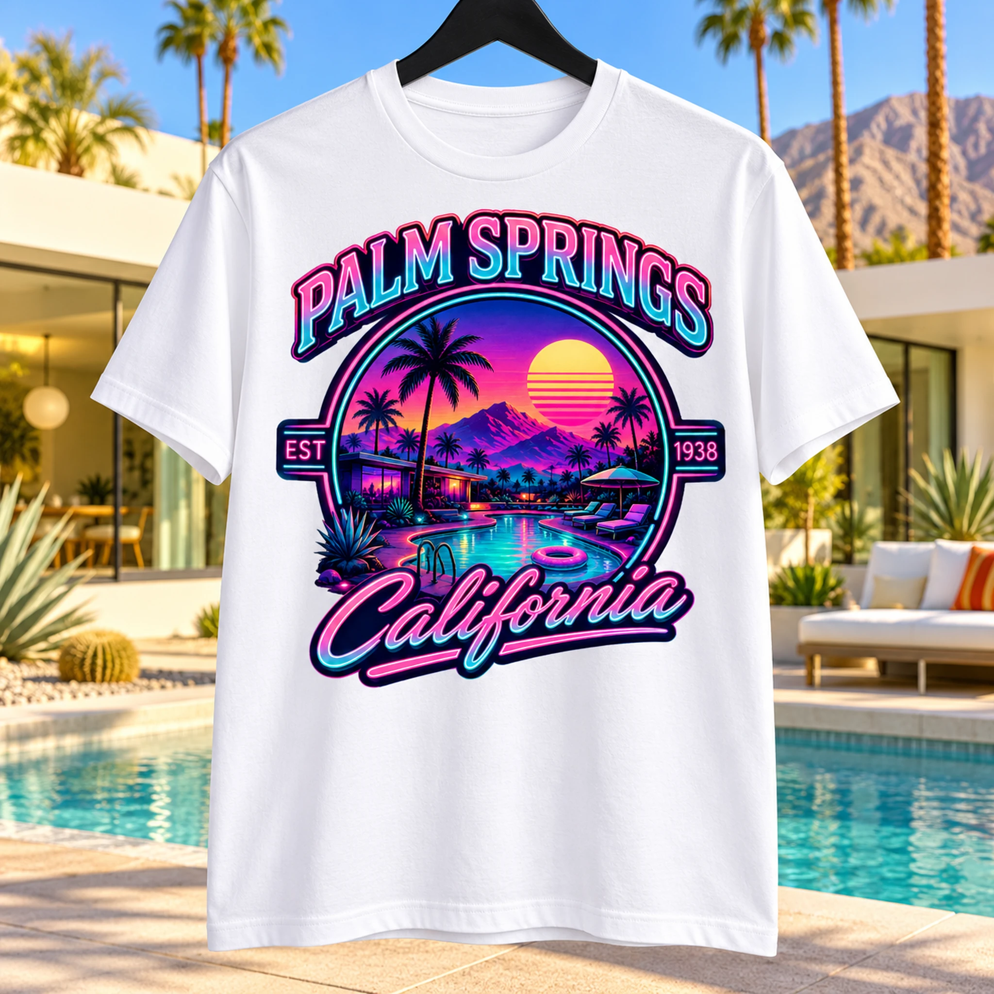 White Palm Springs Modern graphic T-shirt displayed in a sunny Palm Springs poolside setting