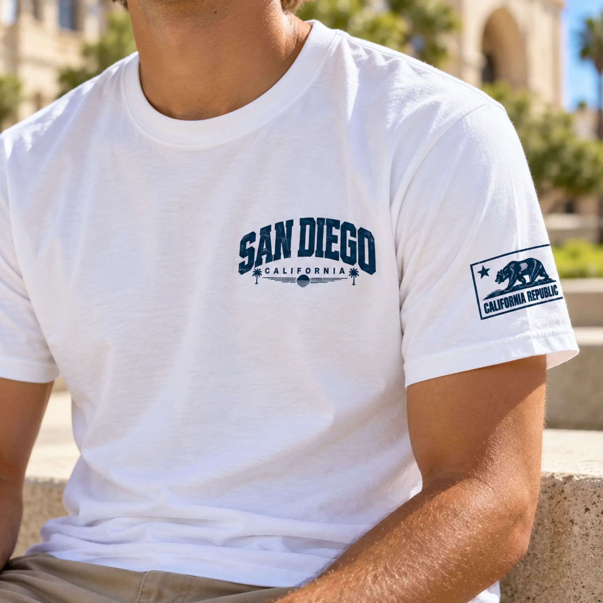 Close-up of the San Diego Sunset Palms left-chest graphic and California flag on the left sleeve