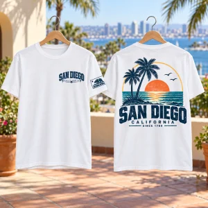 White San Diego Sunset Palms T-shirt showing the left-chest, left-sleeve California flag and large back graphics