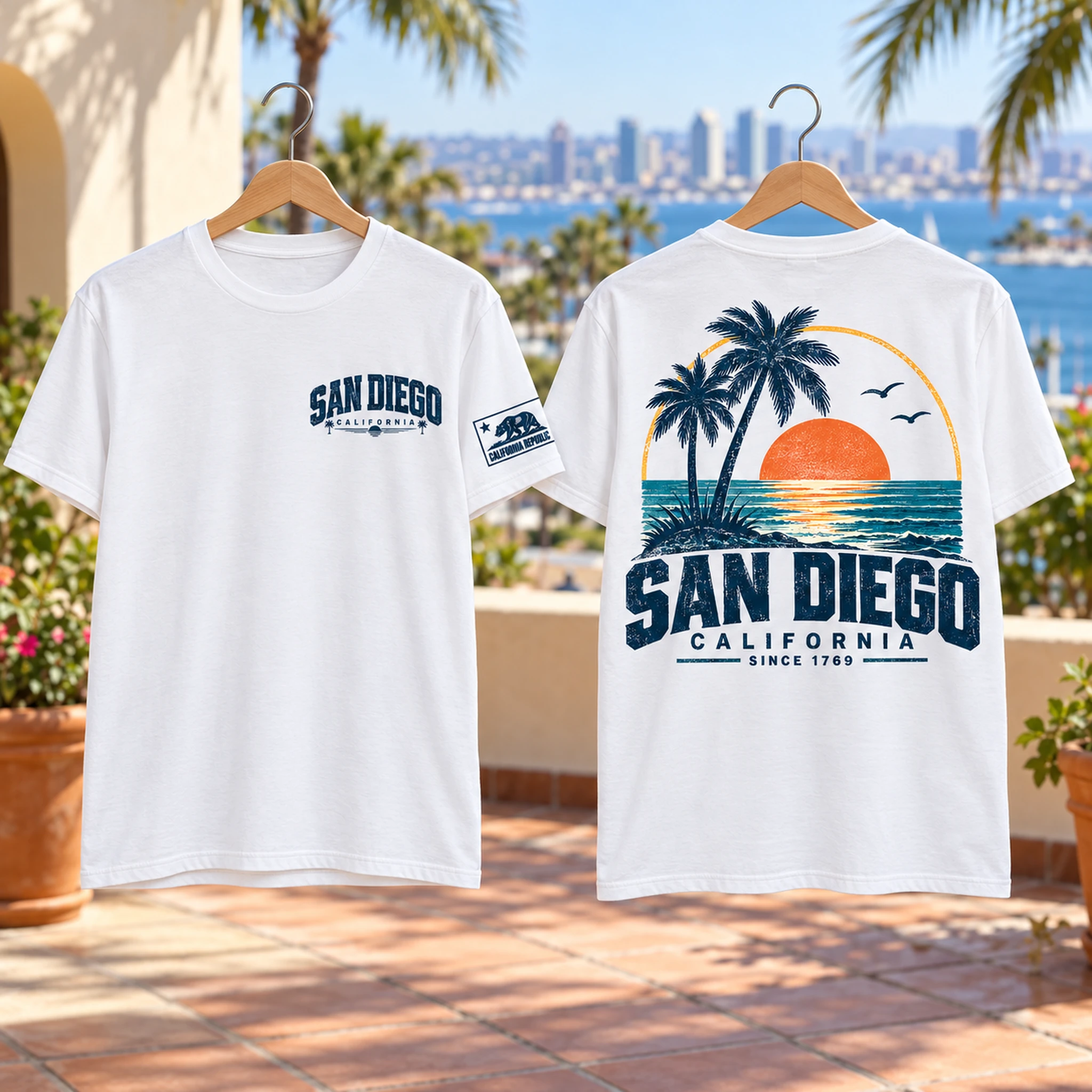 White San Diego Sunset Palms T-shirt showing front and back artwork