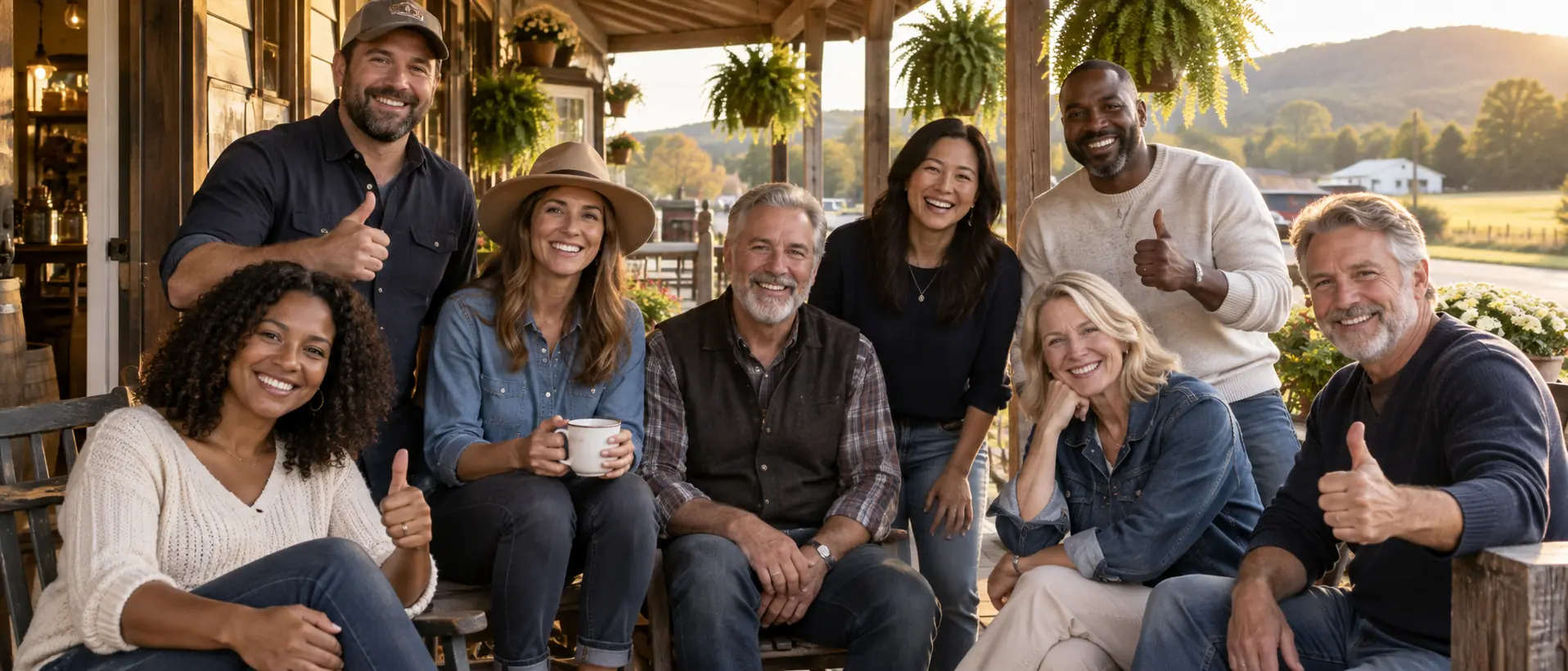 Group of adults wearing casual apparel on a country store porch