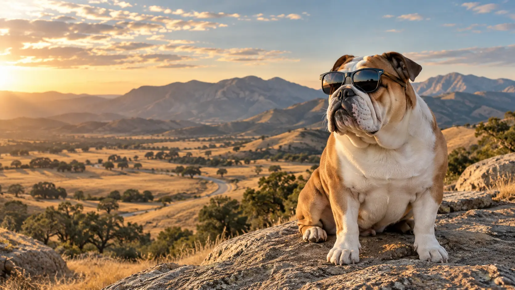 English bulldog wearing sunglasses overlooking a California mountain landscape