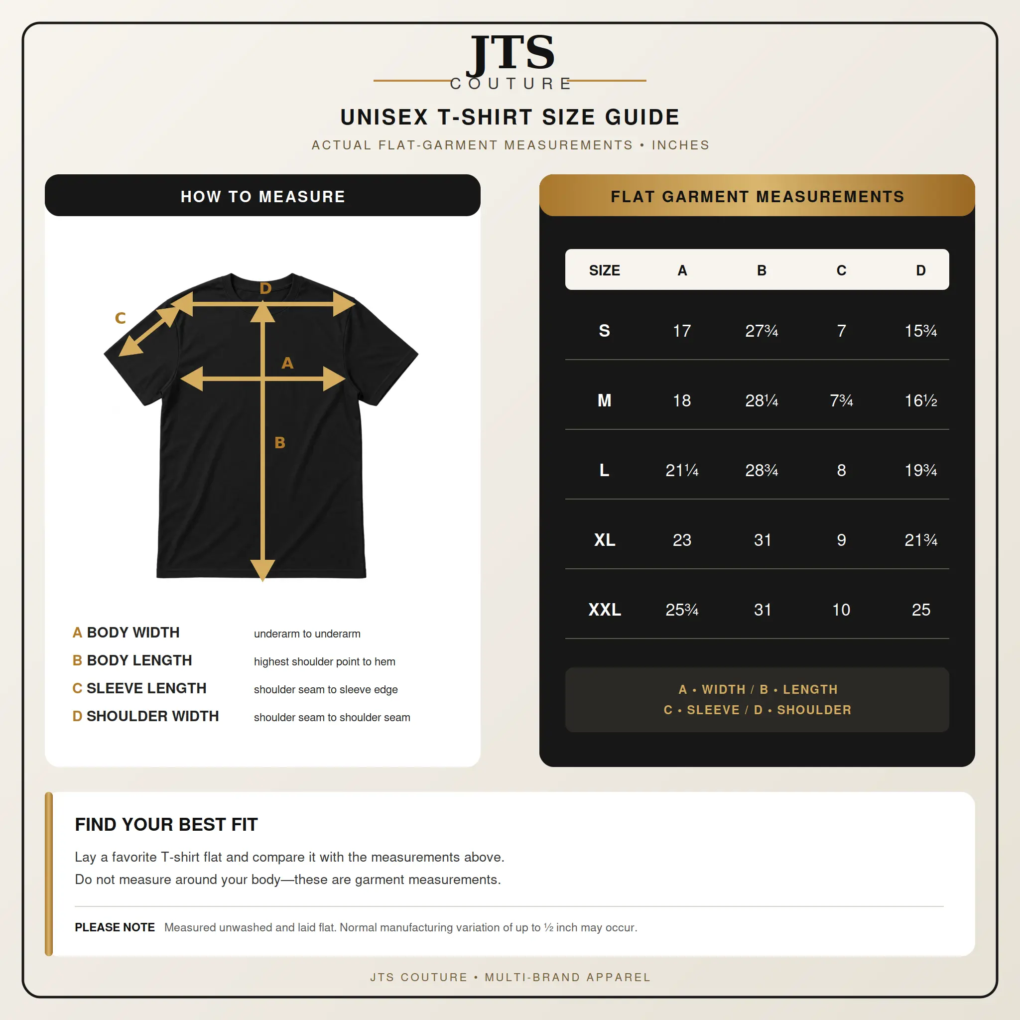 JTS Couture unisex T-shirt size guide showing flat garment measurements and instructions for measuring body width, body length, sleeve length and shoulder width.