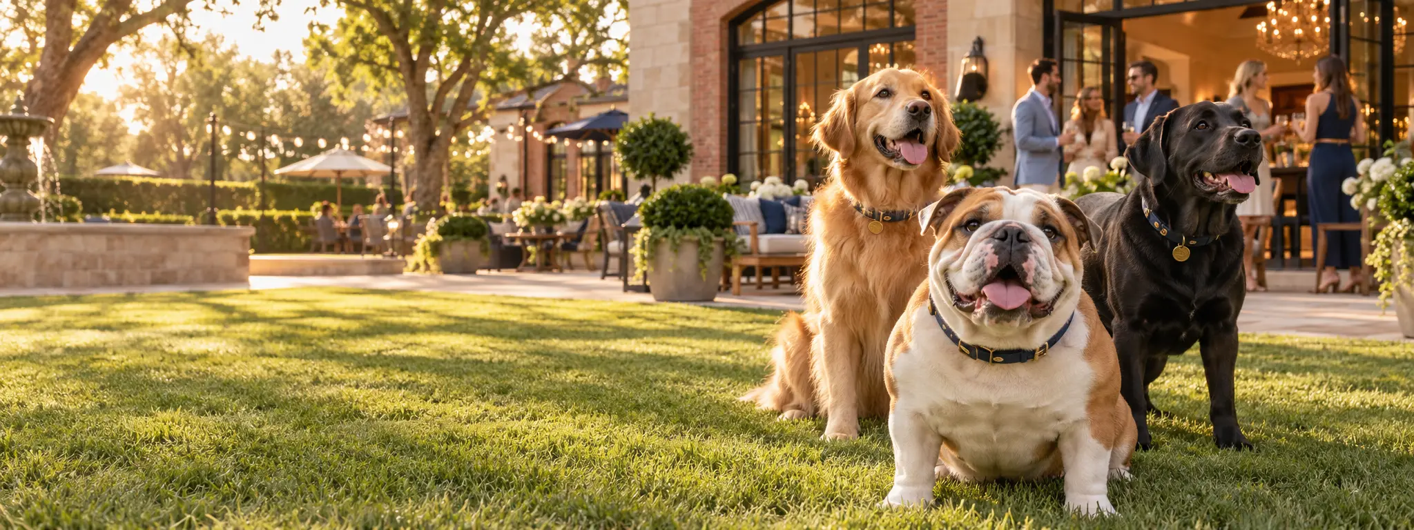 English bulldog, golden retriever and black Labrador gathered outside an elegant dog-friendly clubhouse