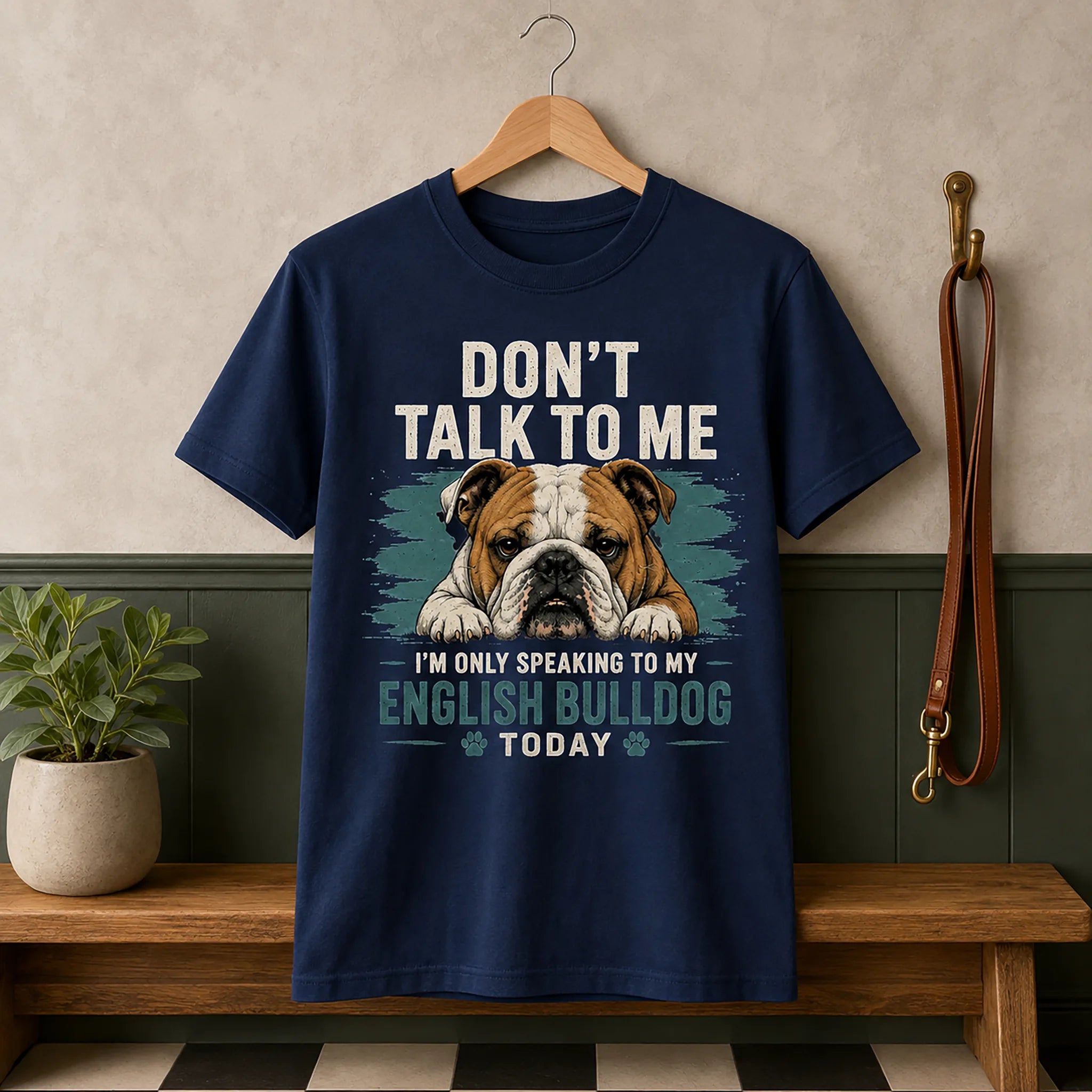 Navy K9 Social Club graphic tee featuring the English Bulldog Don't Talk to Me design