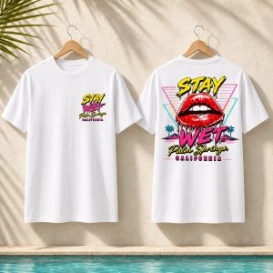 White Stay Wet Hot Lips and Triangles tee shown from the front and back