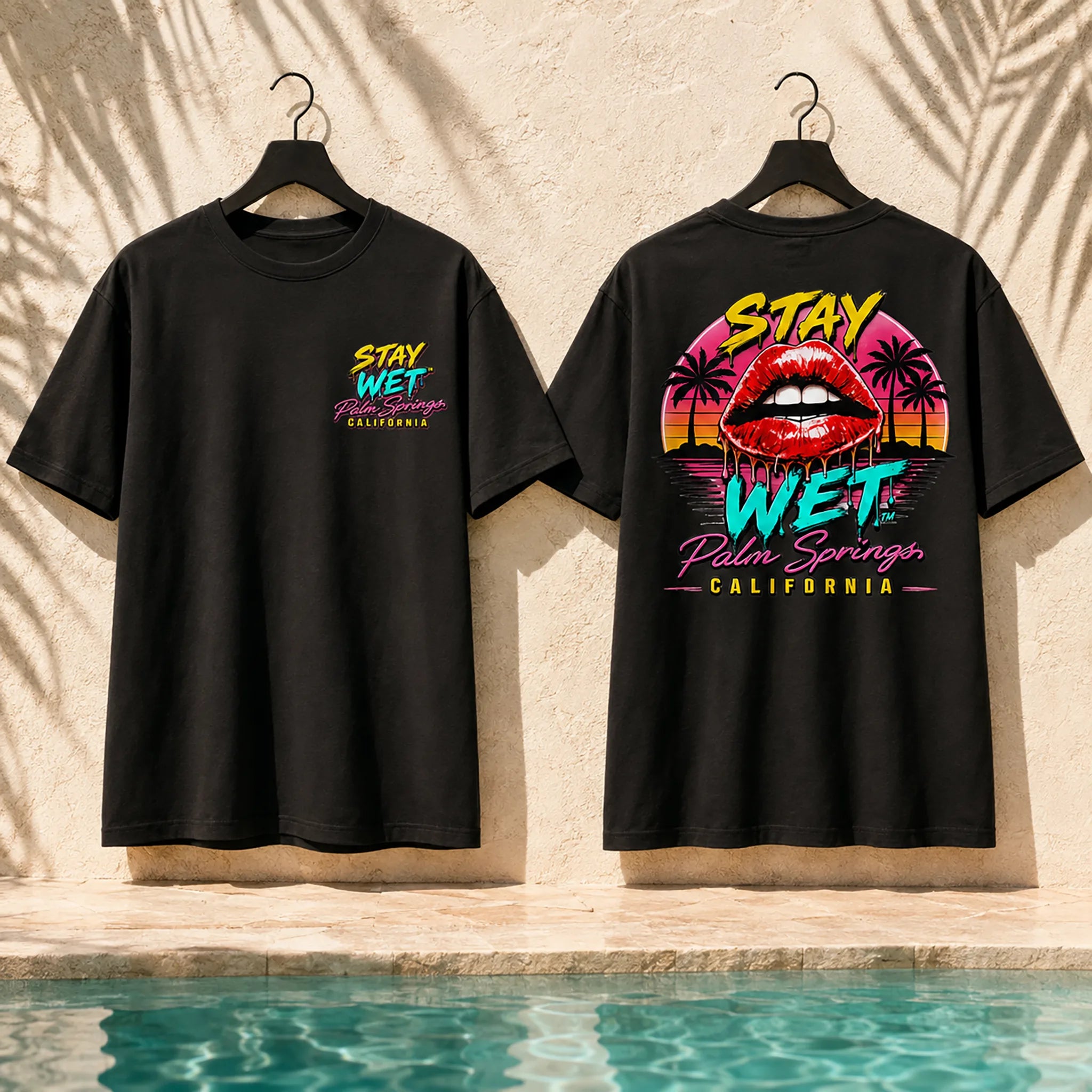 Black Stay Wet Hot Lips at Sunset tee shown from the front and back
