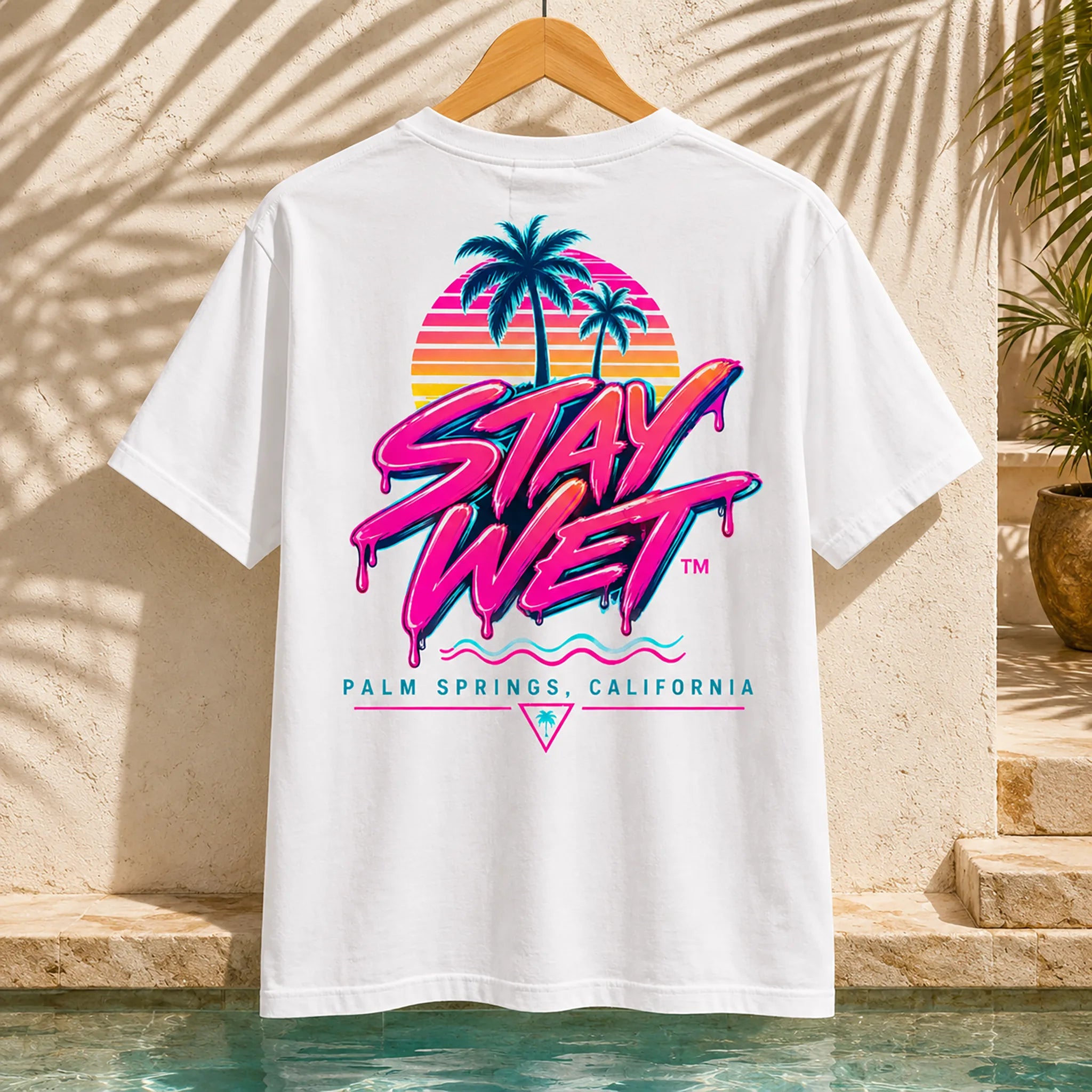 Back view of white Stay Wet Palms graphic tee