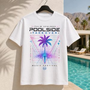 White Stay Wet Poolside Takeover Neon Palm graphic tee displayed beside a Palm Springs pool