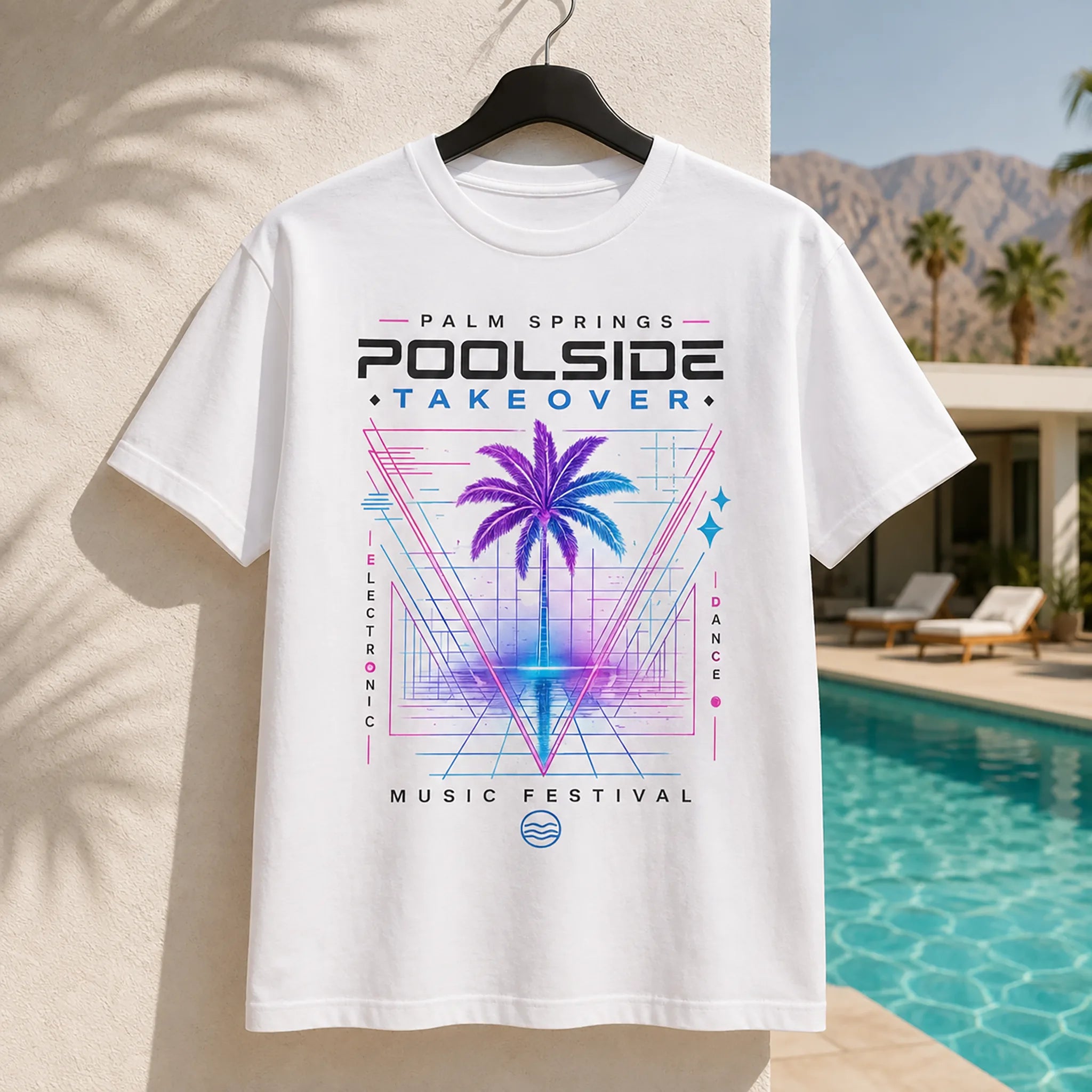 White Stay Wet Poolside Takeover Palm Tree V graphic T-shirt displayed on a hanger