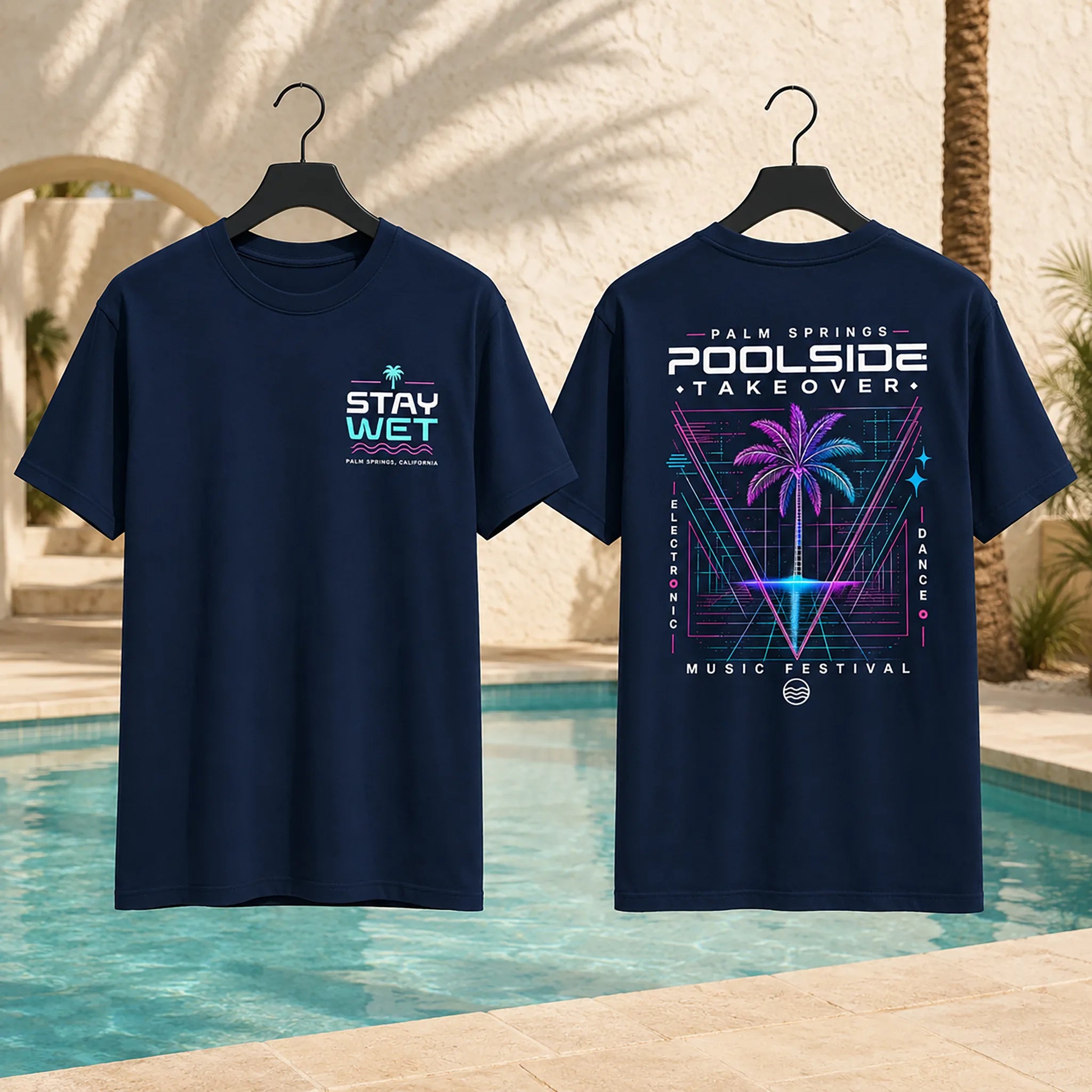Navy Stay Wet Poolside Takeover Palm Tree V tee shown from the front and back