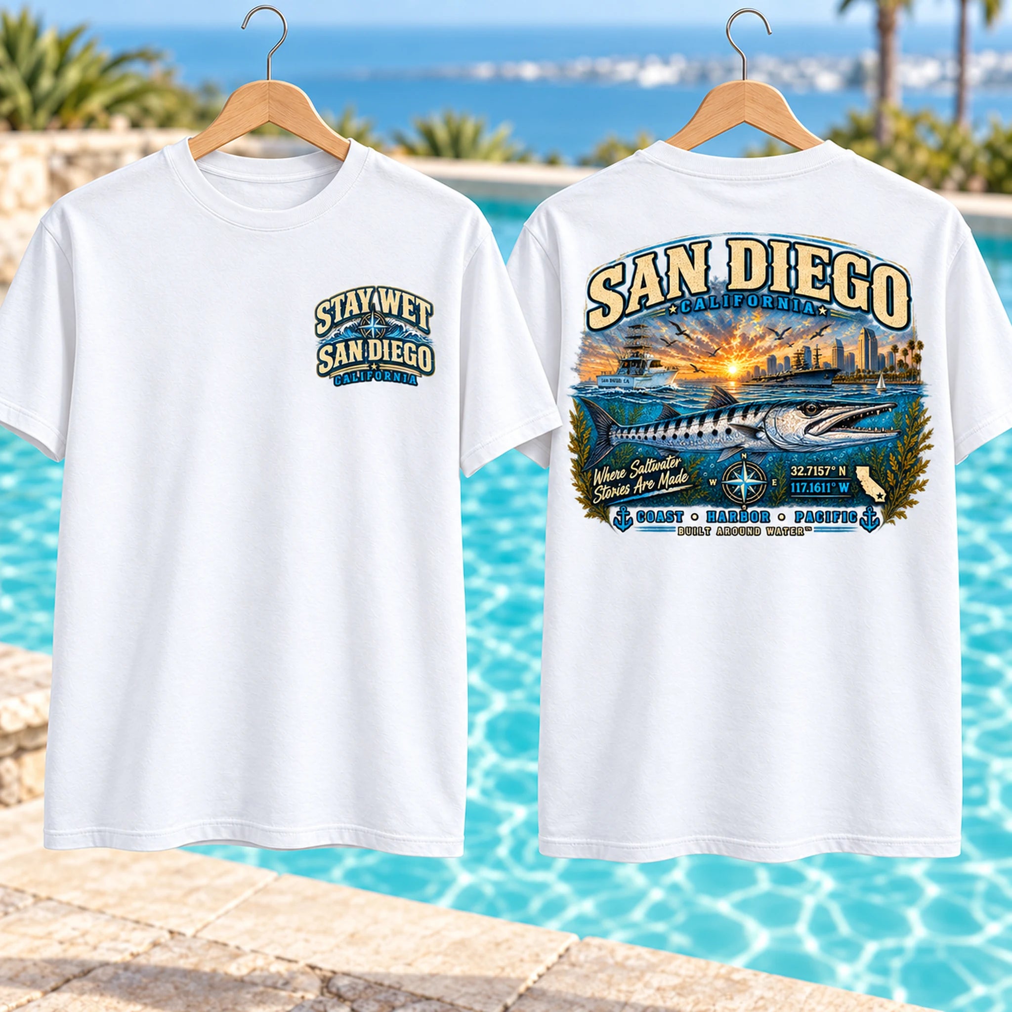 White Stay Wet San Diego Barracuda T-shirt shown from the front and back
