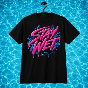 Front view of black Stay Wet Signature shirt with pink-and-blue logo