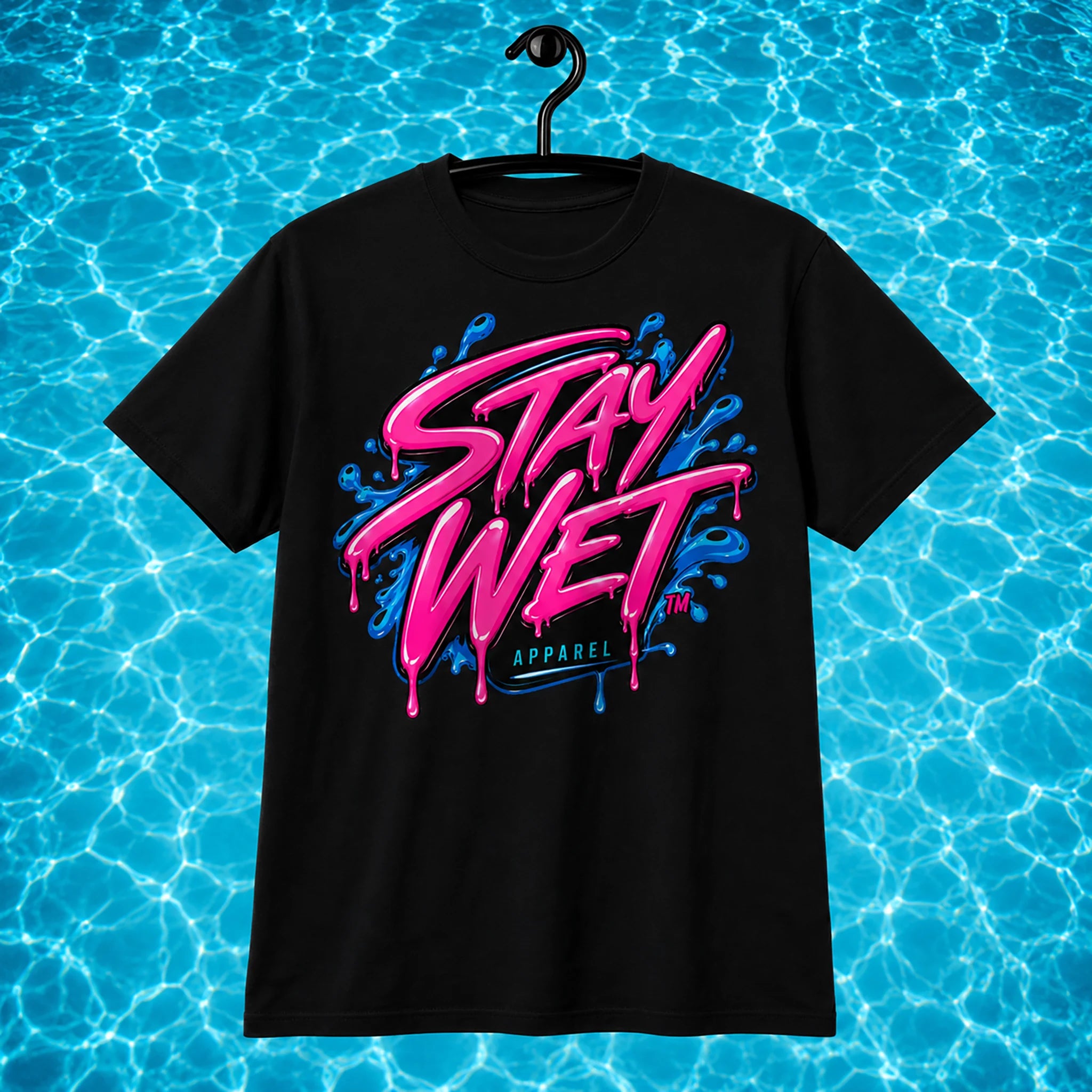 Front view of black Stay Wet Signature shirt with pink-and-blue logo